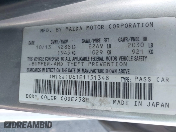 2014 Mazda 6 i Sport with VIN JM1GJ1U61E1151348, listed as a IAAI auction lot 42248173 with 275,764 mi miles and . Bid and sale history available at DreamBid. Image 9.