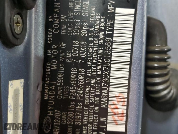 2007 Hyundai Veracruz GLS with VIN KM8NU73CX7U013569, listed as a Copart auction lot 42824305 with 233,632 mi miles and Salvage Title. Bid and sale history available at DreamBid. Image 13.