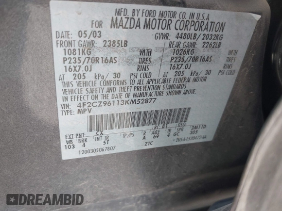 2003 Mazda Tribute ES with VIN 4F2CZ96113KM52877, listed as a IAAI auction lot 42217251 with 218,475 mi miles and . Bid and sale history available at DreamBid. Image 9.