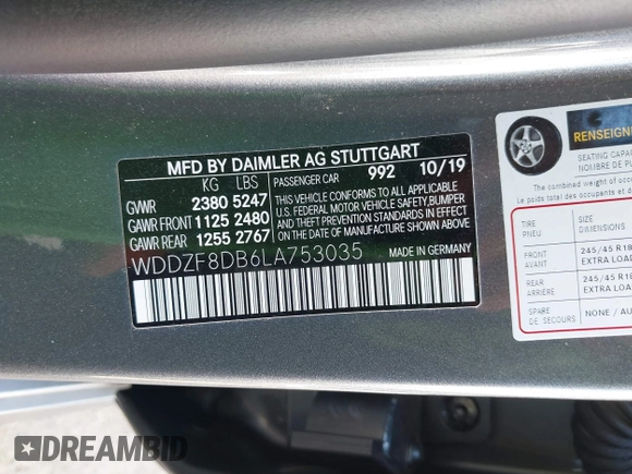 2020 Mercedes-Benz E 350 with VIN WDDZF8DB6LA753035, listed as a IAAI auction lot 42195100 with 18,783 mi miles and . Bid and sale history available at DreamBid. Image 9.