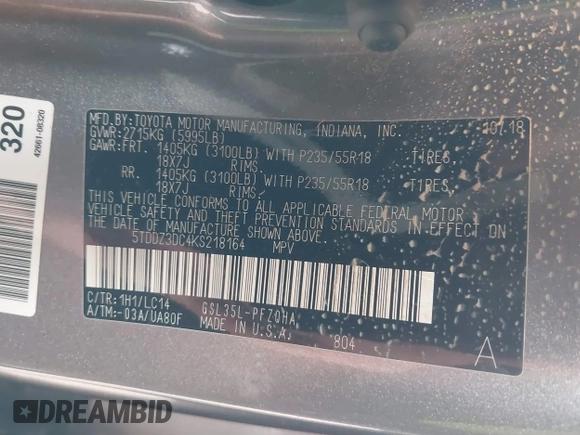 2019 Toyota Sienna XLE with VIN 5TDDZ3DC4KS218164, listed as a IAAI auction lot 42368454 with 116,034 mi miles and . Bid and sale history available at DreamBid. Image 9.