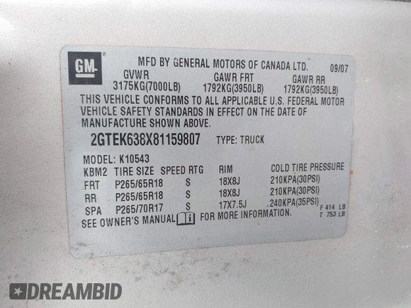 2008 GMC Sierra Denali z VIN 2GTEK638X81159807, wystawiony jako IAAI lot #42075788 z przebiegiem 143 393 mil mil oraz . Historia ofert i sprzedaży dostępna na DreamBid. Obrazek 9.