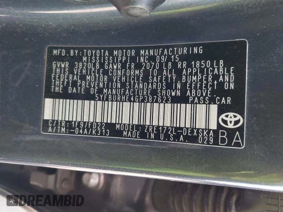 2016 Toyota Corolla L with VIN 5YFBURHE4GP387623, listed as a IAAI auction lot 42159340 with 99,578 mi miles and . Bid and sale history available at DreamBid. Image 9.