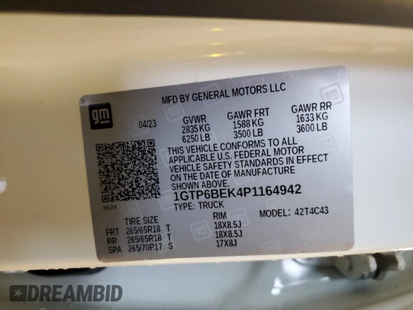 2023 GMC Canyon 4WD Elevation with VIN 1GTP6BEK4P1164942, listed as a Copart auction lot 47814055 with 63,375 mi miles and Salvage Title. Bid and sale history available at DreamBid. Image 12.