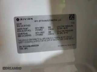 2022 Rivian R1S Launch Edition with VIN 7PDSGABL4NN002354, listed as a Copart auction lot 51320655 with 0 mi miles and Salvage Title. Bid and sale history available at carsss.com. Image 13.