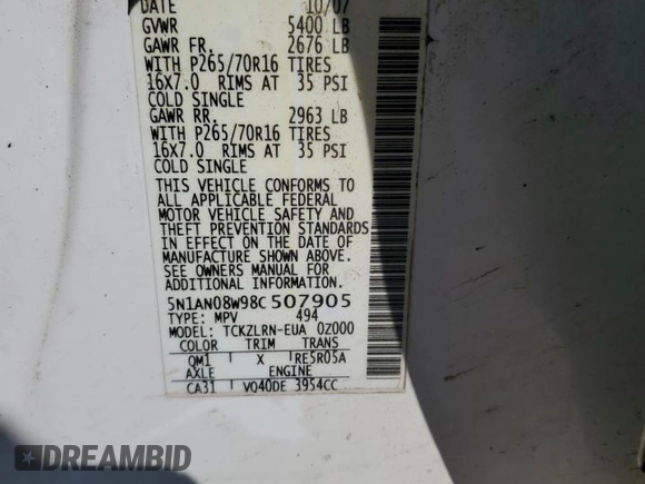 2008 Nissan Xterra X z VIN 5N1AN08W98C507905, wystawiony jako Copart lot #59818115 z przebiegiem 161 257 mil mil oraz Szkoda całkowita • Salvage title. Historia ofert i sprzedaży dostępna na DreamBid. Obrazek 14.