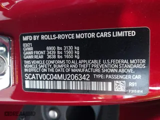 2021 Rolls-Royce Ghost with VIN SCATV0C04MU206342, listed as a IAAI auction lot 41038269 with 15,298 mi miles. Bid and sale history available at carsss.com. Image 9.