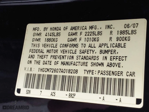 2007 Honda Accord Cpe EX-L with VIN 1HGCM72607A018208, listed as a IAAI auction lot 41797291 with 200,318 mi miles. Bid and sale history available at carsss.com. Image 9.