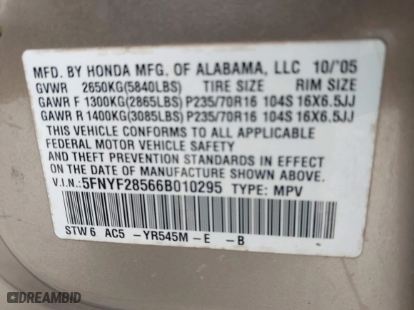 2006 Honda Pilot EX-L with VIN 5FNYF28566B010295, listed as a IAAI auction lot 41654433 with 302,539 mi miles. Bid and sale history available at carsss.com. Image 9.