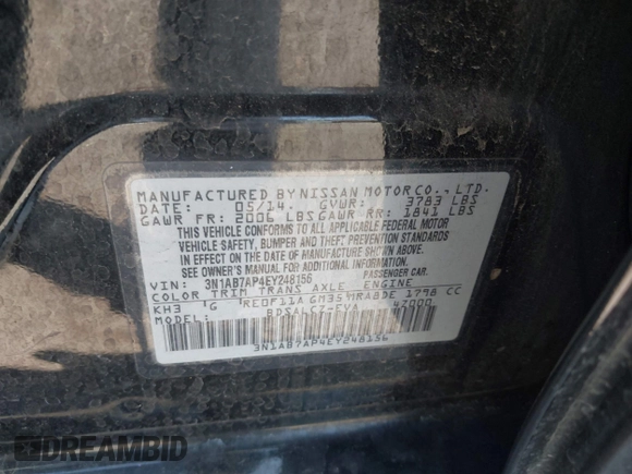 2014 Nissan Sentra SV with VIN 3N1AB7AP4EY248156, listed as a IAAI auction lot 42733609 with 166,649 mi miles and . Bid and sale history available at DreamBid. Image 9.