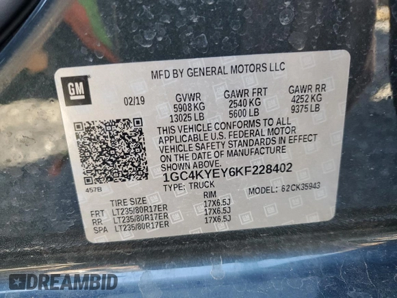 2019 Chevrolet Silverado 3500HD High Country with VIN 1GC4KYEY6KF228402, listed as a Copart auction lot 75241634 with 54,159 mi miles and Salvage Title. Bid and sale history available at carsss.com. Image 12.