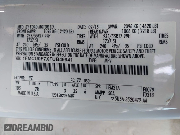 2015 Ford Escape S with VIN 1FMCU0F7XFUB49941, listed as a IAAI auction lot 42111681 with 133,775 mi miles. Bid and sale history available at carsss.com. Image 9.