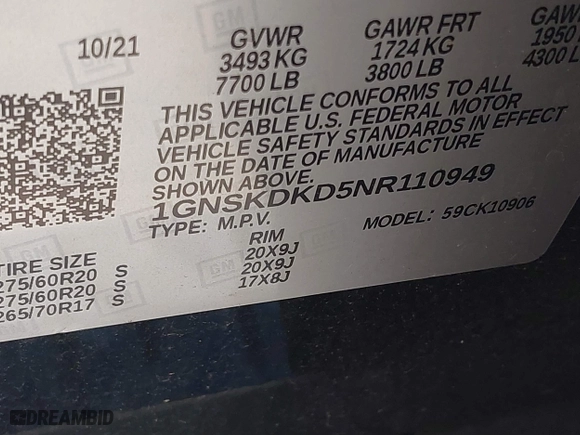 2022 Chevrolet Suburban Z71 with VIN 1GNSKDKD5NR110949, listed as a IAAI auction lot 41556533 with 68,141 mi miles. Bid and sale history available at carsss.com. Image 9.