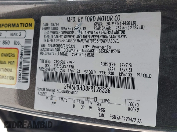 2015 Ford Fusion SE with VIN 3FA6P0HD8FR128336, listed as a IAAI auction lot 42107298 with 150,751 mi miles and . Bid and sale history available at DreamBid. Image 9.
