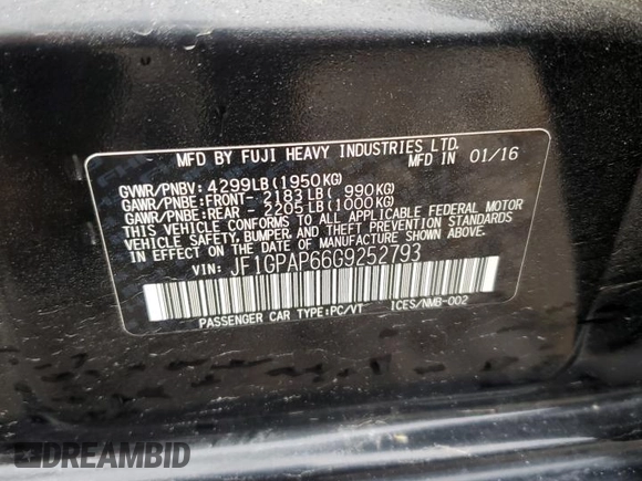 2016 Subaru Impreza Special Sports Premium with VIN JF1GPAP66G9252793, listed as a Copart auction lot 74709514 with Not provided miles and Salvage title. Bid and sale history available at DreamBid. Image 13.