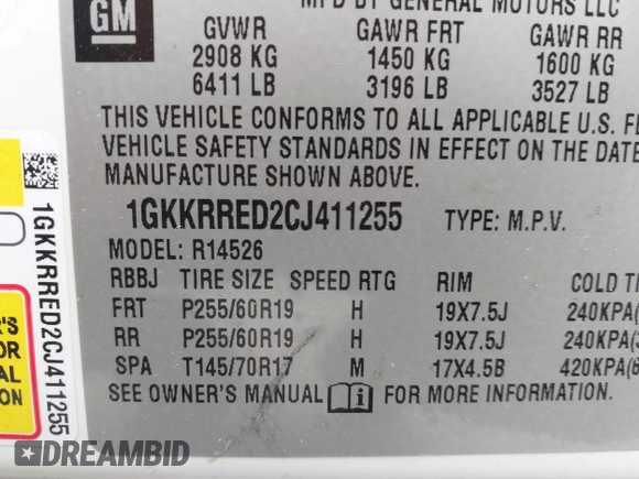 2012 GMC Acadia SLT1 with VIN 1GKKRRED2CJ411255, listed as a IAAI auction lot 42080056 with 203,201 mi miles. Bid and sale history available at carsss.com. Image 9.