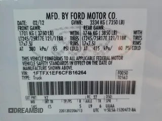 2012 Ford F-150 XL with VIN 1FTFX1EF6CFB16264, listed as a Copart auction lot 58839275 with 121,226 mi miles and Salvage title. Bid and sale history available at DreamBid. Image 12.