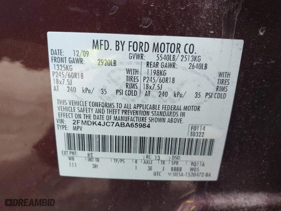 2010 Ford Edge SEL with VIN 2FMDK4JC7ABA65984, listed as a IAAI auction lot 41993337 with 215,137 mi miles. Bid and sale history available at carsss.com. Image 9.