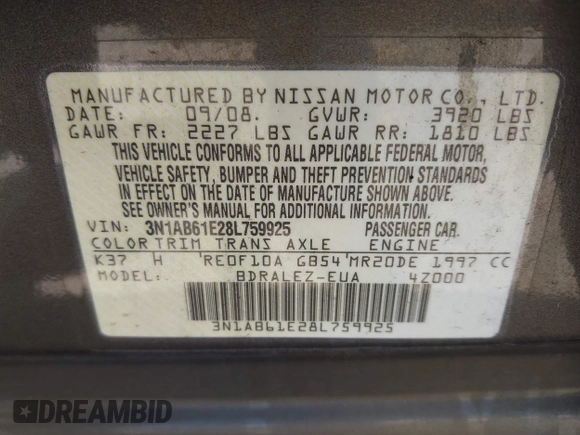 2008 Nissan Sentra S with VIN 3N1AB61E28L759925, listed as a IAAI auction lot 41991138 with 40,187 mi miles and . Bid and sale history available at DreamBid. Image 9.