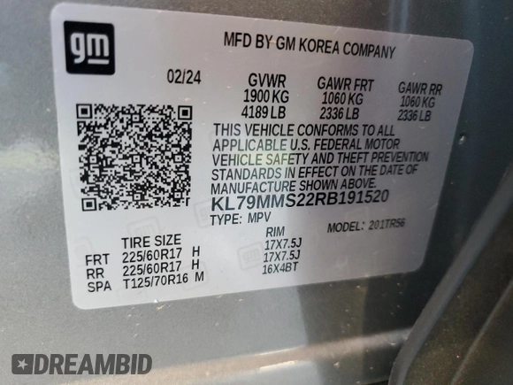 2024 Chevrolet TrailBlazer LS with VIN KL79MMS22RB191520, listed as a Copart auction lot 46158955 with 2,546 mi miles and Salvage Title. Bid and sale history available at DreamBid. Image 14.