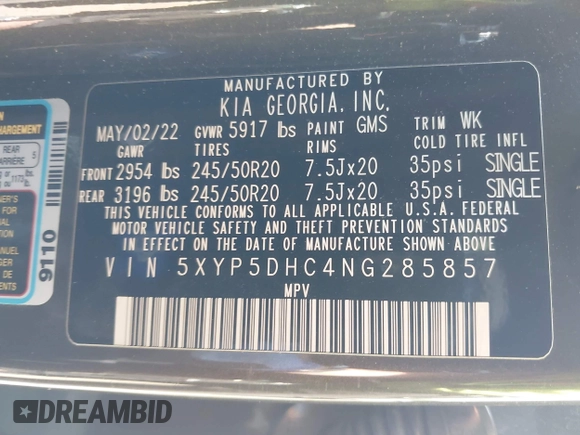 2022 Kia Telluride SX z VIN 5XYP5DHC4NG285857, wystawiony jako IAAI lot #42420016 z przebiegiem 40 000 mil mil oraz . Historia ofert i sprzedaży dostępna na DreamBid. Obrazek 9.