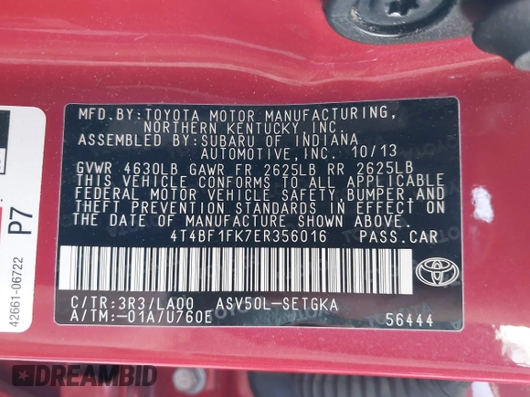 2014 Toyota Camry L with VIN 4T4BF1FK7ER356016, listed as a IAAI auction lot 41997772 with 124,962 mi miles. Bid and sale history available at carsss.com. Image 9.