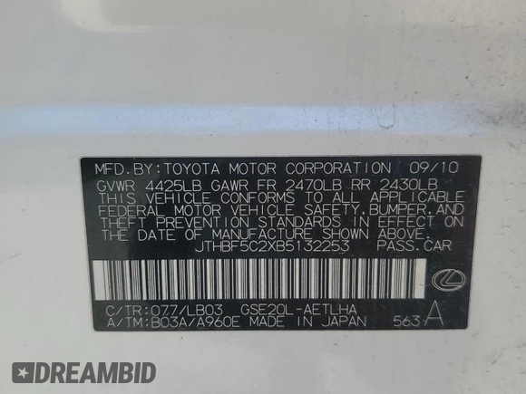 2011 Lexus IS 250 with VIN JTHBF5C2XB5132253, listed as a Copart auction lot 55254745 with 106,715 mi miles and Clean Title. Bid and sale history available at DreamBid. Image 13.