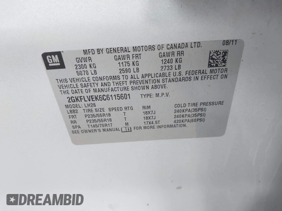 2012 GMC Terrain SLT-1 with VIN 2GKFLVEK6C6115601, listed as a IAAI auction lot 42397225 with 155,432 mi miles and . Bid and sale history available at DreamBid. Image 9.