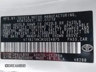 2019 Toyota Camry XSE with VIN 4T1BZ1HK3KU024875, listed as a IAAI auction lot 40952896 with 151,535 mi miles and . Bid and sale history available at DreamBid. Image 9.