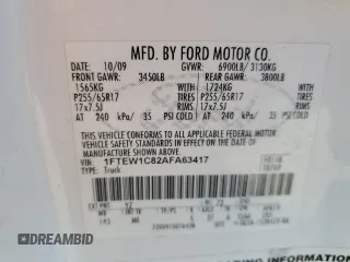 2010 Ford F-150 XL with VIN 1FTEW1C82AFA63417, listed as a Copart auction lot 62702535 with 254,474 mi miles and Clean title. Bid and sale history available at DreamBid. Image 12.