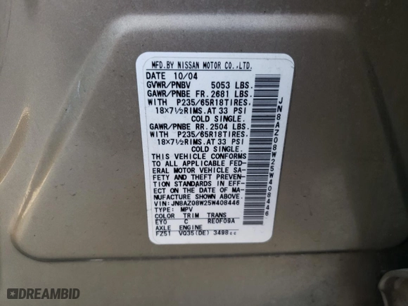 2005 Nissan Murano SL with VIN JN8AZ08W25W408446, listed as a Copart auction lot 79455024 with 153,168 mi miles and Non Repairable. Bid and sale history available at carsss.com. Image 14.