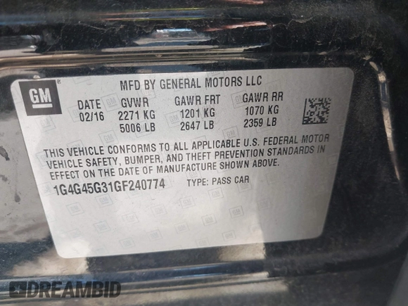 2016 Buick LaCrosse Sport Touring with VIN 1G4G45G31GF240774, listed as a IAAI auction lot 41653317 with 128,339 mi miles. Bid and sale history available at carsss.com. Image 9.
