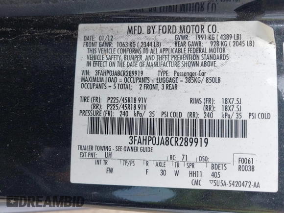 2012 Ford Fusion SEL with VIN 3FAHP0JA8CR289919, listed as a IAAI auction lot 42051209 with 188,464 mi miles and . Bid and sale history available at DreamBid. Image 9.