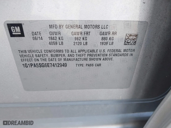 2014 Chevrolet Cruze LS with VIN 1G1PA5SG6E7412949, listed as a IAAI auction lot 41634532 with 109,195 mi miles. Bid and sale history available at carsss.com. Image 9.