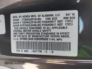 2016 Honda Odyssey EX-L with VIN 5FNRL5H61GB099699, listed as a IAAI auction lot 41807964 with 67,041 mi miles and . Bid and sale history available at DreamBid. Image 9.