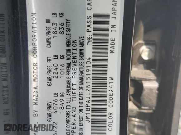 2022 Mazda 3 S with VIN JM1BPAJL2N1519104, listed as a Copart auction lot 56414575 with 54,888 mi miles and Non repairable. Bid and sale history available at DreamBid. Image 12.