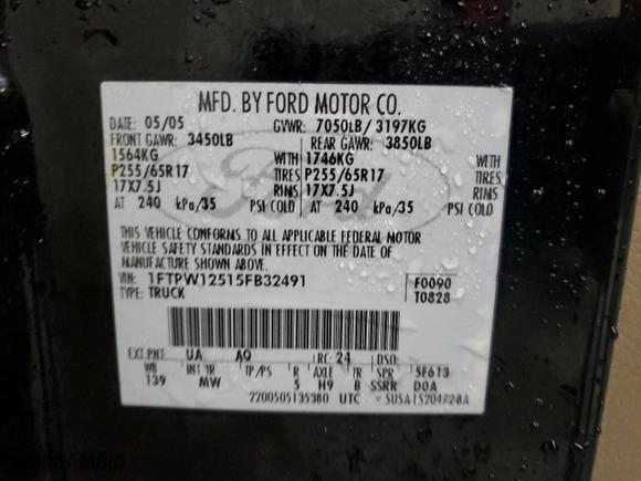 2005 Ford F-150 XLT with VIN 1FTPW12515FB32491, listed as a Copart auction lot 40028694 with 275,544 mi miles and Salvage Title. Bid and sale history available at carsss.com. Image 12.