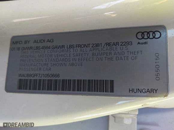 2018 Audi A3 Sedan Premium with VIN WAUB8GFF7J1050666, listed as a IAAI auction lot 41625893 with 1 mi miles. Bid and sale history available at carsss.com. Image 9.