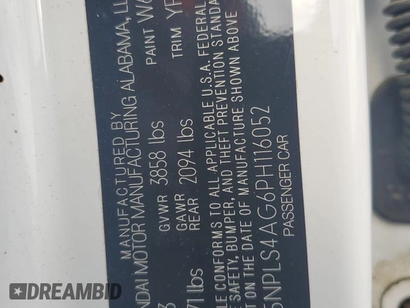 2023 Hyundai Elantra SEL with VIN 5NPLS4AG6PH116052, listed as a Copart auction lot 54130105 with 15,841 mi miles and Salvage title. Bid and sale history available at DreamBid. Image 12.