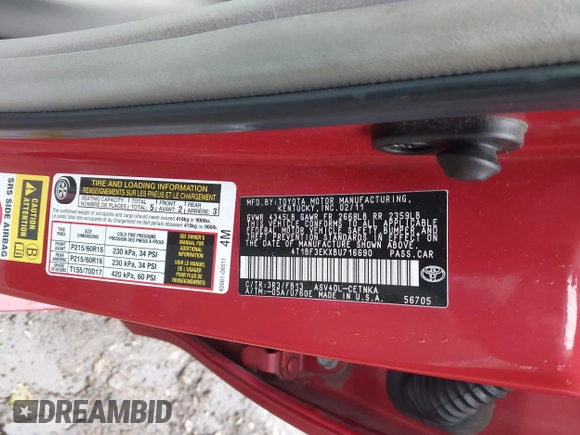 2011 Toyota Camry LE z VIN 4T1BF3EKXBU716690, wystawiony jako IAAI lot #42388917 z przebiegiem 184 053 mil mil oraz . Historia ofert i sprzedaży dostępna na DreamBid. Obrazek 9.