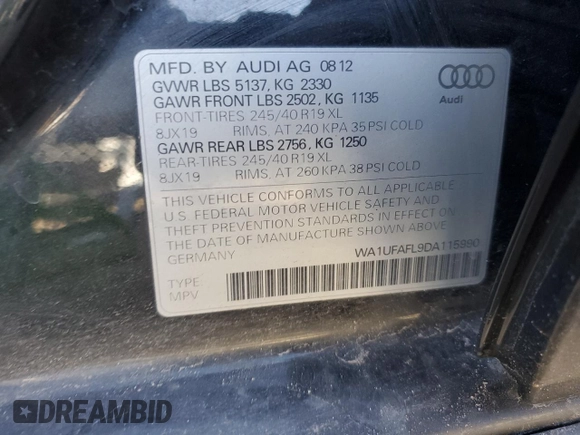 2013 Audi allroad Premium Plus with VIN WA1UFAFL9DA115990, listed as a Copart auction lot 77097694 with 176,352 mi miles and Salvage Title. Bid and sale history available at carsss.com. Image 12.