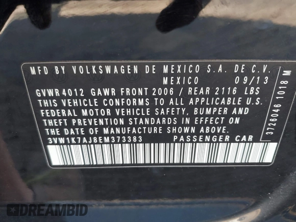 2014 Volkswagen Jetta Sedan S with VIN 3VW1K7AJ8EM373383, listed as a IAAI auction lot 41731528 with 51,030 mi miles. Bid and sale history available at carsss.com. Image 9.