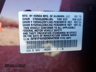 2013 Honda Pilot EX-L with VIN 5FNYF4H50DB042930, listed as a Copart auction lot 88541495 with 173,249 mi miles and Salvage Title. Bid and sale history available at DreamBid. Image 15.