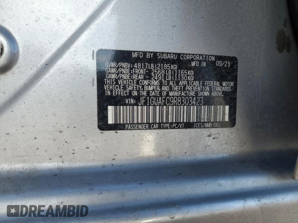 2024 Subaru Impreza Sport with VIN JF1GUAFC9R8303423, listed as a Copart auction lot 43821285 with 10,163 mi miles and Salvage Title. Bid and sale history available at carsss.com. Image 13.