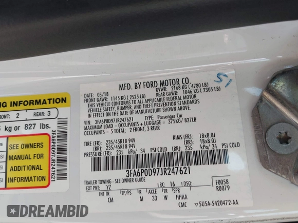 2018 Ford Fusion Titanium with VIN 3FA6P0D97JR247621, listed as a IAAI auction lot 42465608 with 174,983 mi miles and . Bid and sale history available at DreamBid. Image 9.