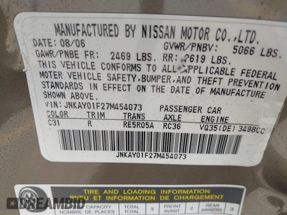 2007 Infiniti M x with VIN JNKAY01F27M454073, listed as a IAAI auction lot 42366518 with Not provided miles and . Bid and sale history available at DreamBid. Image 9.