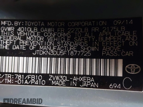 2015 Toyota Prius Four with VIN JTDKN3DU5F1877725, listed as a IAAI auction lot 41557495 with 32,729 mi miles and . Bid and sale history available at DreamBid. Image 9.