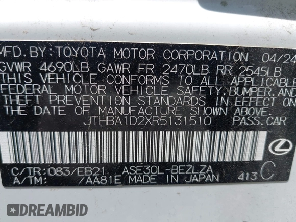 2024 Lexus IS 300 with VIN JTHBA1D2XR5131510, listed as a IAAI auction lot 42607201 with 10,580 mi miles and . Bid and sale history available at DreamBid. Image 9.