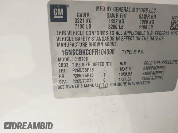 2015 Chevrolet Tahoe LT with VIN 1GNSCBKC0FR104096, listed as a IAAI auction lot 41679298 with 231,005 mi miles and . Bid and sale history available at DreamBid. Image 9.
