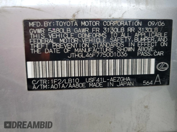 2007 Lexus LS 460 L z VIN JTHGL46F775001036, wystawiony jako Copart lot #53538495 z przebiegiem 133 138 mil mil oraz Szkody całkowita. Historia ofert i sprzedaży dostępna na DreamBid. Obrazek 12.